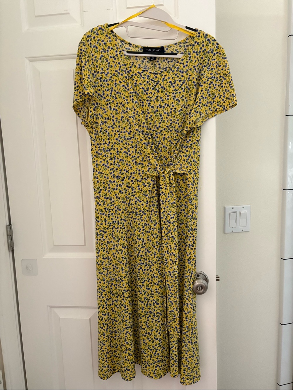 Perceptions Yellow Midi Dress with Blue Floral Print and Tie